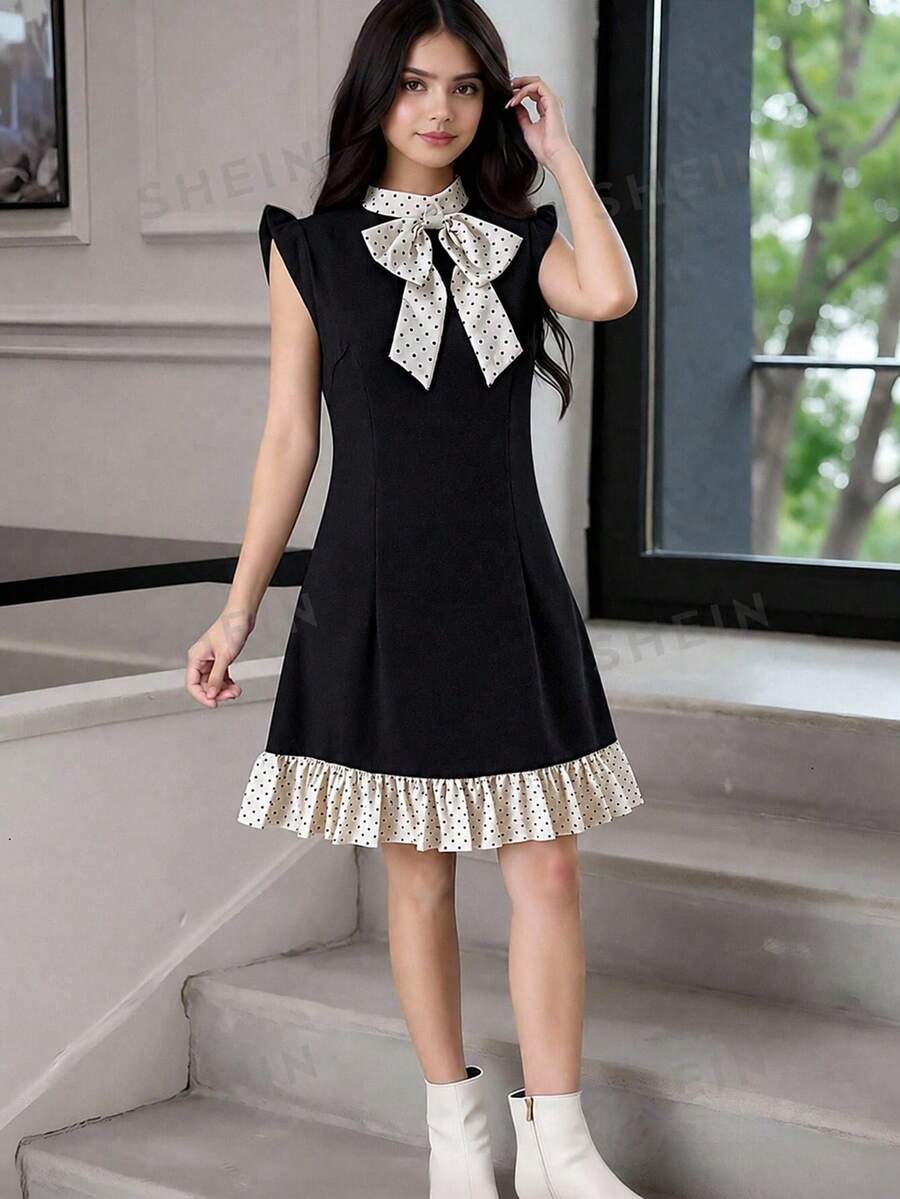 Đầm đen thanh lịch, tối giản, tay loe, cổ tròn, nơ 3D có thể tháo rời ở eo, ngắn, màu trơn, chất liệu vải pha trộn, xếp ly, thiết kế hai mảnh, đầm đen nhỏ cho thiếu nữ. - màu đen - Xem 1