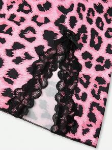 Bella Beso 2 pièces Nuisette sexy pour femmes, imprimé léopard, patchwork de dentelle contrastée, nœud, sans manches, imprimé, ourlet fendu, camisole de nuit pour l'été - Multicolore - Voir 5