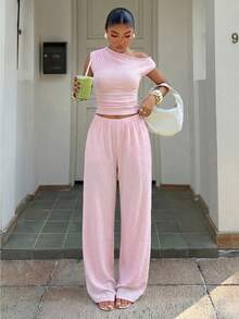 Muchica Light Pink Knit Casual Home Wear Asymmetrical Shoulder Textured Top And Pants Set,Summer Outfits For Women - Baby Pink - View 6