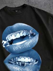 Manfinity  Stampa labbra in stile street oversize effetto invecchiato grigio,Strass,Camicia bianca a maniche corte con stampa a croce T Camicia,Adatto per l'estate,È un regalo divertente per il tuo fidanzato o per te stesso.. - nero - Visualizzare 5