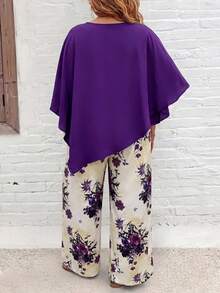 EMERY ROSE Conjunto informal de mujer talla grande con top de cuello redondo de unicolor y pantalones de pierna ancha con estampado floral - Multicolor - Ver 2