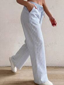 Firerie Women's Casual Comfortable Fashion Drawstring Waist Pocket Striped Elastic Pants, Versatile For Home, Outdoor And Back To School - Blue and White - View 6