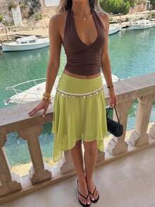 Aloruh Women's Light Green Chiffon Midi Skirt,Patchwork Sequin Shell Webbing Asymmetrical Hem,Boho Summer Beach Vacation Holiday Tropical Outfits - Green - View 7