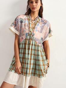 Bohemela Women's Patchwork Plaid Cashew Pattern Loose Casual Mini Dress - Multicolor - View 4