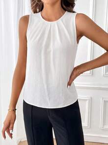 SHEIN Clasi Women's Casual Sleeveless Solid Color Shirt, Summer - White - View 3