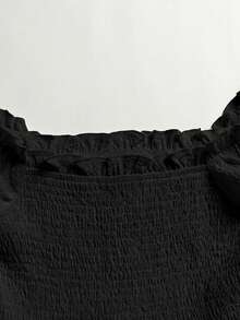 SHEIN 青少年女孩休閒度假黑色紋理方領短袖層疊荷葉邊 A 字洋裝 - 黑色 - 查看 4