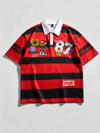 Prep 2026 Camiseta polo de manga corta casual para hombre, parte superior estampada a rayas de estilo universitario