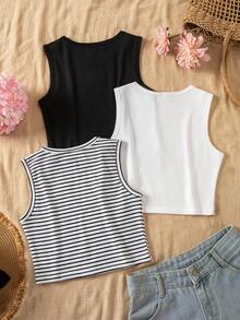 SHEIN Sparklyn 3件装少女夏季背心，黑白条纹多色上衣，柔软质感面料上衣，白色上衣 - 彩色 - 查看 2