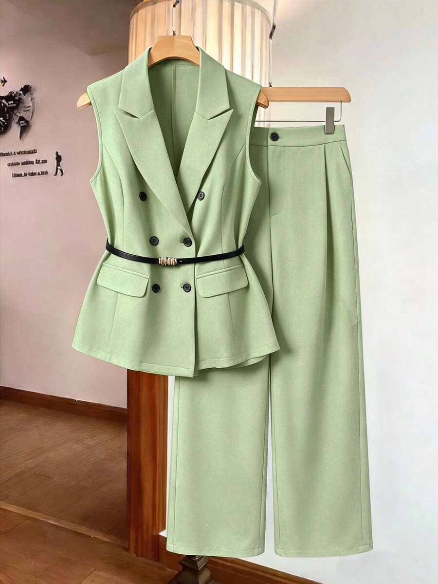 SHEIN Clasi Bộ đồ nữ size lớn 2 món gồm áo blazer không tay và thắt lưng, phong cách thường ngày - màu xanh lá - Xem 1