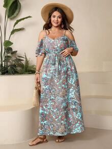 Comfylo Plus Size Open Shoulder Short Sleeve Holiday Dress - Multicolor - View 5