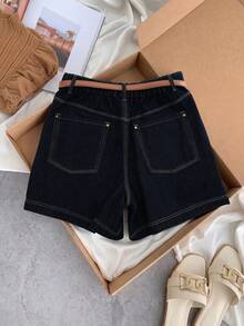 GlowEve CURVE Plus Size Women's Solid Color Washed Denim Shorts, Spring/Summer - Black - View 2