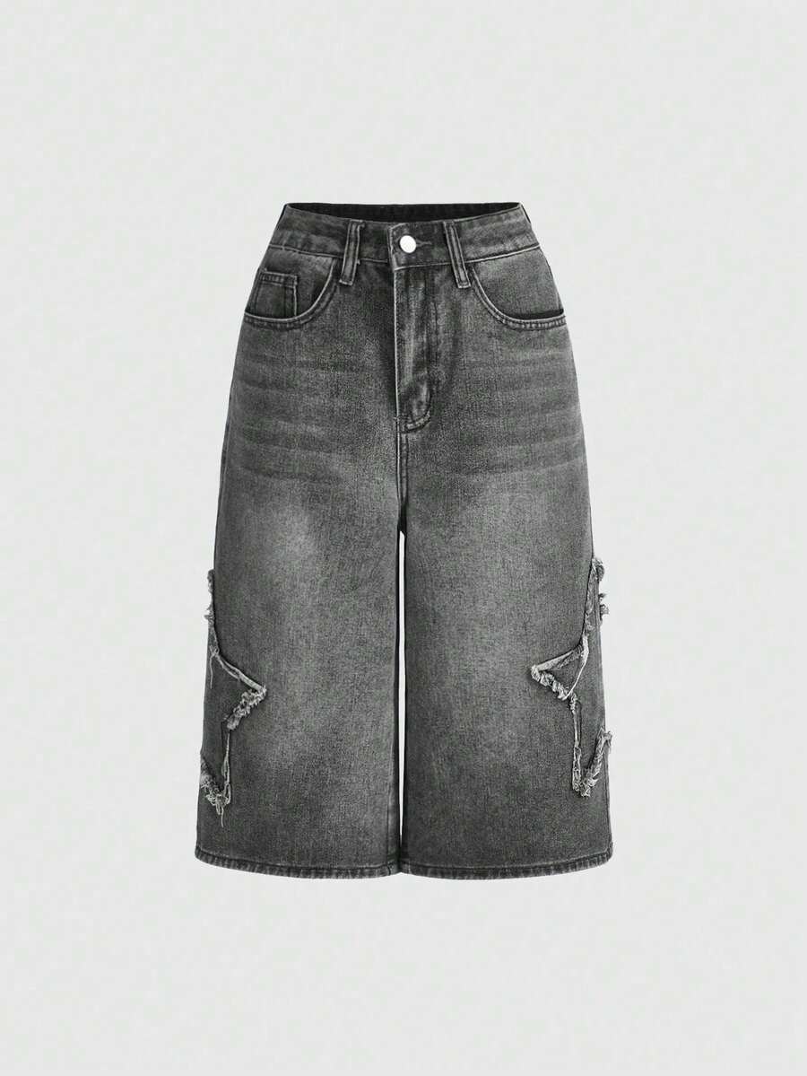 ROMWE Grunge Punk Celana Capri Denim Kaki Lebar Gaya Jalanan Vintage Unisex Kasual dengan Patch Lima Bintang, Cocok untuk Sekolah - Grey - View 1