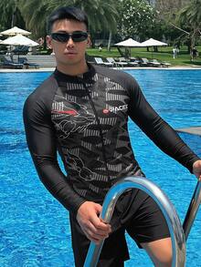 DAZY Men's Long Sleeve Patchwork Design Letter Print Rash Guard Swimwear - Multicolor - View 1