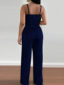 EMERY ROSE 2pcs Floral Print Camisole Top And Elastic Waist Wide Leg Pants Set For Women - Navy Blue - View 2