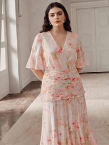 Anewsta Vestido largo elegante de mujer de talla grande con cintura ajustada, de chifón con estampado floral romántico de jacquard, para vacaciones de primavera/verano - Multicolor - Ver 4