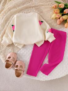 SHEIN Playful Pals 女婴休闲可爱运动衫套装，3D 钩针花卉印花套头衫和针织紧身裤，秋季 - 杏色 - 查看 2