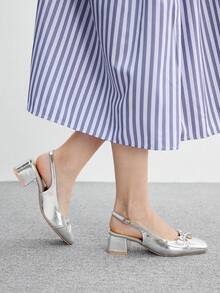 CUCCOO BIZCHIC 女款時尚高跟鞋，扣環蝴蝶結粗跟 PU 全球四季通勤優雅百搭 節慶度假辦公室戶外日常 - 亮白銀 - 查看 4