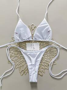 Swim Vcay Bộ 2 món bikini dây thừng thủ công dành cho nữ, màu trắng, thanh lịch, trang phục Valentine cho nữ, bikini vỏ sò, đồ bơi vỏ sò, thích hợp cho đám cưới và sự kiện. - trắng - Xem 2