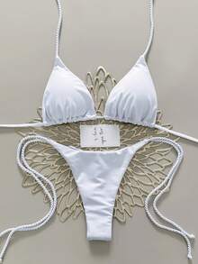 Swim Vcay Bộ 2 món bikini dây thừng thủ công dành cho nữ, màu trắng, thanh lịch, trang phục Valentine cho nữ, bikini vỏ sò, đồ bơi vỏ sò, thích hợp cho đám cưới và sự kiện. - trắng - Xem 3