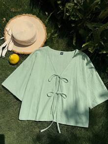 SHEIN EZwear 大码女式薄荷绿系带短袖衬衫，绿色系带罩衫，薄荷绿雪纺罩衫，绿色沙滩罩衫，返校季，休闲外套 - 薄荷綠 - 查看 4