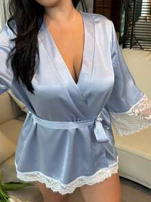 Dazy Plus Satin Twill Blue Contrast Lace Elegant Tie-Waist Short Plus Size Women Spring/Summer/Autumn Sleepwear Robe Pajamas - Blue - View 5