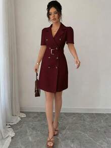 SHEIN Raffinéa Collared Tie-Waist Double-Breasted Puff Sleeve Dress - Burgundy - View 6
