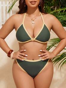 Swim Mod Plus Size Women 2 Pieces Colorblock Spaghetti Strap Triangle Cup Sexy Split Swimsuit Beach Vacation Casual Bikini Set For Summer - Multicolor - View 5