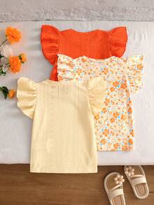 SHEIN Vintaside Kids Tween Girl 3pcs/Set Round Neck With Ruffle Trim Short Cap Sleeve Top, Suitable For Spring And Summer - Multicolor - View 4