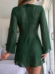 Swim Chiccia 女士纯色系结前开襟和服罩衫 - 墨綠色 - 查看 2