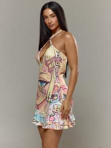 MUSERA Ruffle Keyhole Graphic Printed Mini Dress Spring Summer Holiday Vacation Ibiza Cute Festival Y2K Psyche - Baby Pink - View 3
