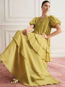 SHEIN Women's Solid Color Keyhole Neck Petal Sleeve Elegant Dress - Green - View 2