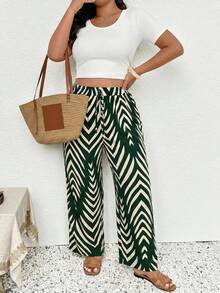 SHEIN Frenchy Plus Size Casual Herringbone Pattern Pants - Green - View 3