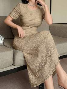 DAZY Women's Elegant Lace Solid Color Mid-Length Dress, Spring/Summer Sundress - Khaki - View 5