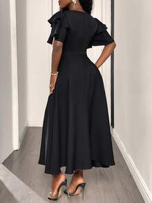 SHEIN Elegant Sexy Minimalist Daily Wear Golf Dinner Date Formal Dress, Ruffle Double-Layer Sleeves, Flared Skirt, Church Summer Black - Black - View 3