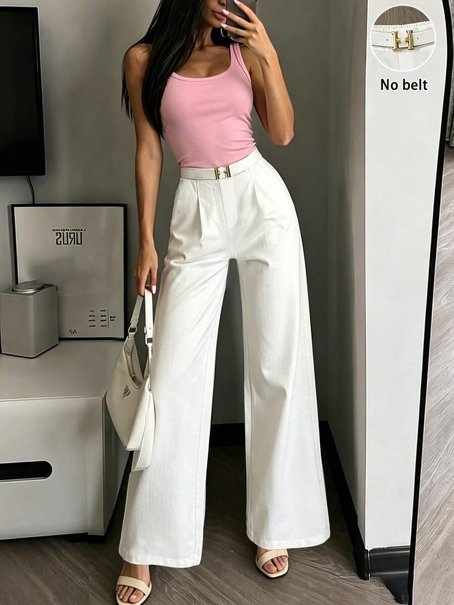 Franclia 2pcs/Set Light Pink Ribbed Fitted Tank Top + Flowy Wide Leg Pants, Casual Commuter Outfit For Summer Travel - Multicolor - View 1