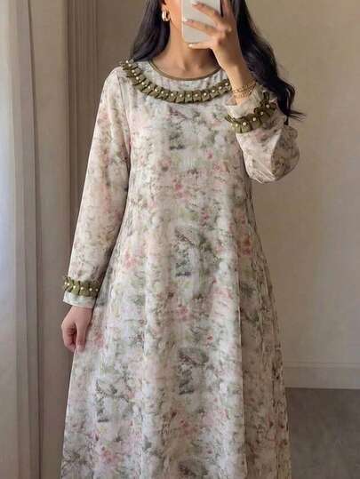 Yasmyna Women's Elegant Floral All-Over Print Arabic Style Dress