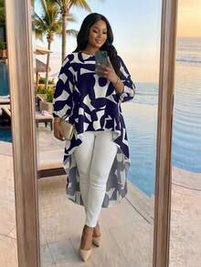 SHEIN Lady CURVE 大尺碼女款印花高低下擺休閒度假襯衫 - 藏蓝色 - 查看 5