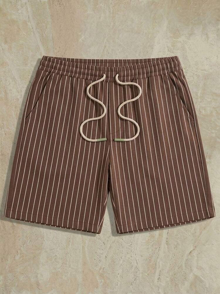 Manfinity RebelGame Men's Fashionable Versatile Striped Pocket Drawstring Waist Shorts, Vacation, Father's Day Gifts - Coffee Brown - View 2