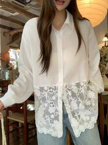 DAZY 對比色蕾絲飾邊寬鬆長袖休閒度假夏季女式襯衫 - 白色 - 查看 1