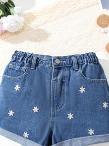 SHEIN Jeans stile Y2K per ragazze pre-adolescenti, denim slavato vintage, tasche con ricamo a fiocco rosa, pantaloncini di jeans a gamba dritta morbidi e comodi, abbigliamento casual di strada - Blu lavato medio - Visualizzare 6