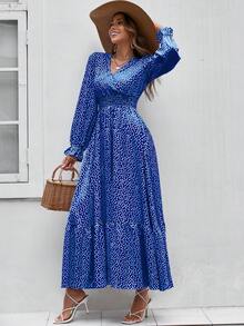 SHEIN Holidaya 碎花荷葉袖荷葉邊連衣裙 - 藍色 - 查看 3