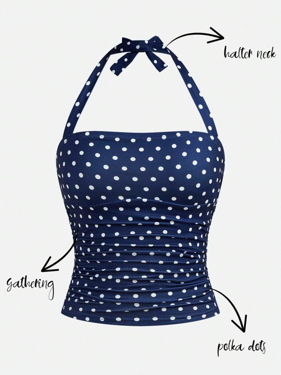 SHEIN Girlism Teen Girls' Polka Dot Print Knit Camisole Tank Top, Elastic Bowknot Fitted Top, All-Match, Casual, Versatile, Suitable For Spring/Summer - Royal Blue - View 1