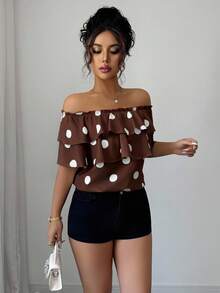 Elenzga Summer Casual Polka Dot Print Off-Shoulder Ruffle Blouse - Brown - View 3