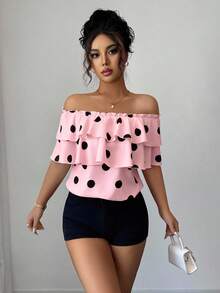 Elenzga Women's Sweet French Polka Dot Print Layered Ruffle Off-Shoulder Blouse - Pink - View 3