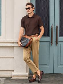 Men's Solid Color Semi-Transparent Golf Shirt, Waffle Thin Casual Short Sleeve Elastic Polo Shirt, Suitable For Leisure Outdoor, Spring/Summer - Chocolate Brown - View 3