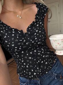 CovetEZ 女款休閒碎花襯衫，夏季，夏季上衣，黑色 - 黑色 - 查看 4