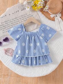 Elladie kids Girls' Cute Sweet Daisy Print Square Collar Puff Sleeve Top, Suitable For Girls In Summer, Holidays, Retro And Various Occasions, Ideal Choice For Spring And Summer - Blue - View 3