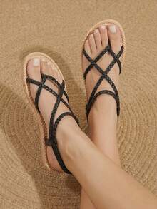 Styleloop Sandal Datar Wanita Anyaman dengan Gesper, Hitam, Sol Mirip Tali, Desain Cincin Jari Kaki, Desain Tali Romawi, Suasana Liburan, Pakaian Musim Panas, Perlengkapan Perjalanan - Hitam - View 6