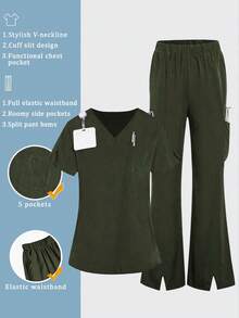 TaskEZ 2pcs Women Healthcare Uniform - Solid Color V-Neck Blouse & Slit Long Pants, Scrub Sets - Army Green - View 1