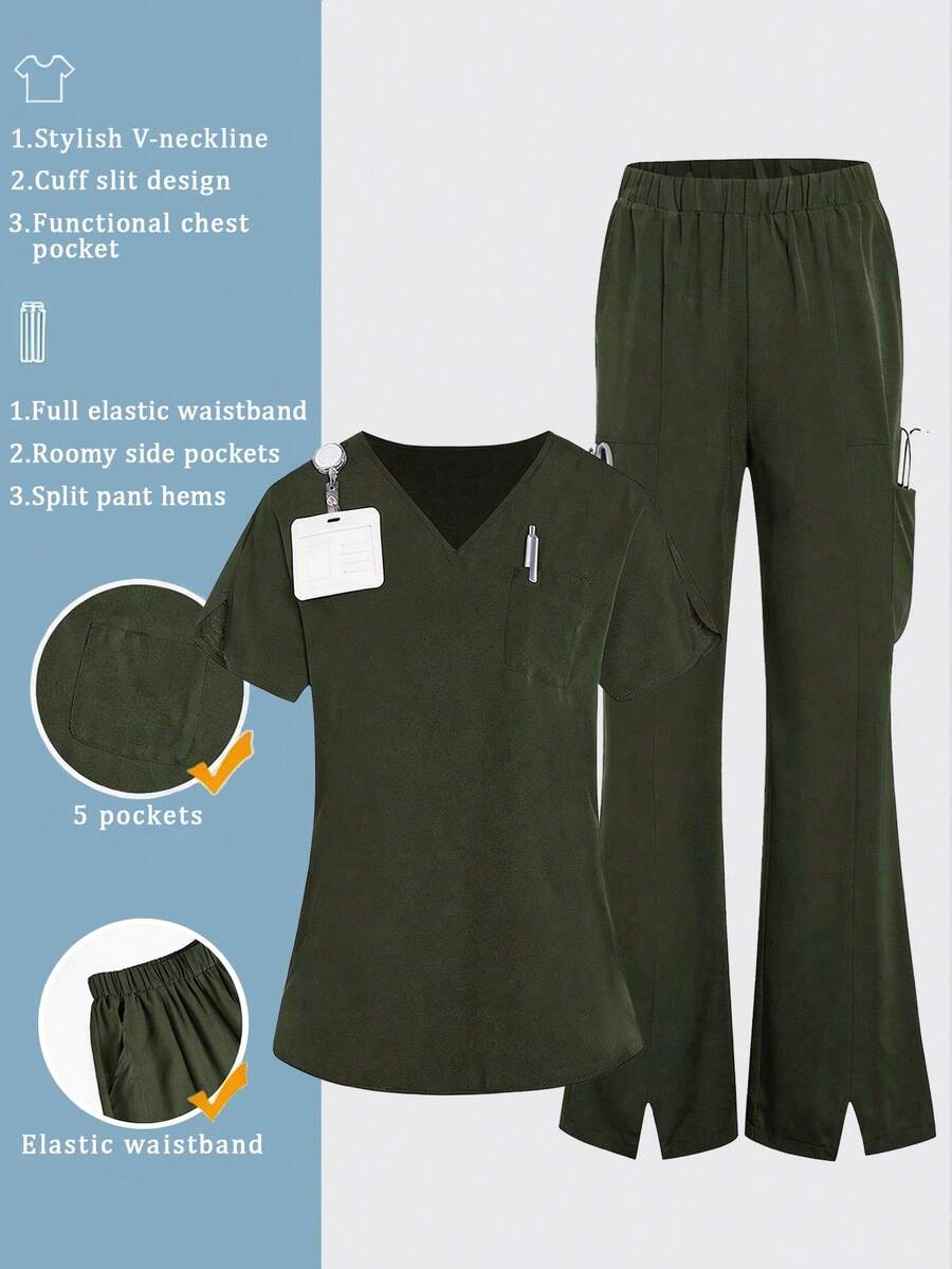 TaskEZ 2pcs Women Healthcare Uniform - Solid Color V-Neck Blouse & Slit Long Pants, Scrub Sets - Army Green - View 1